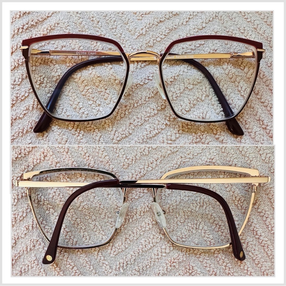 Elegant Cat Eye Full Rim Glasses Burgundy and Gold. - Picture 4 of 10